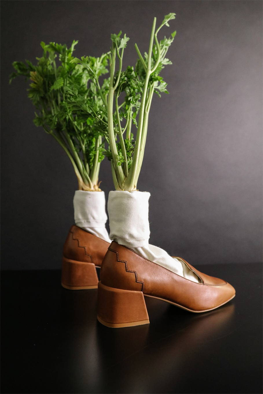 Marlene mid-heel loafer made from vegetable tanned responsible leather styled with parsnips in socks