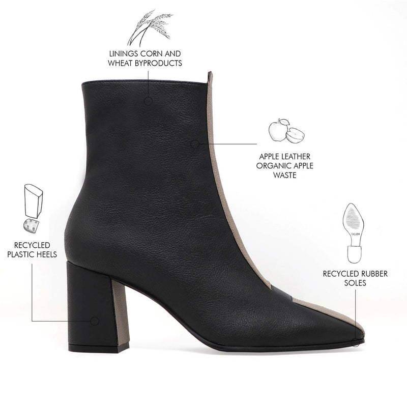 Sylven Jayne Black/Taupe Vegan apple leather boots - artboard showcasing features