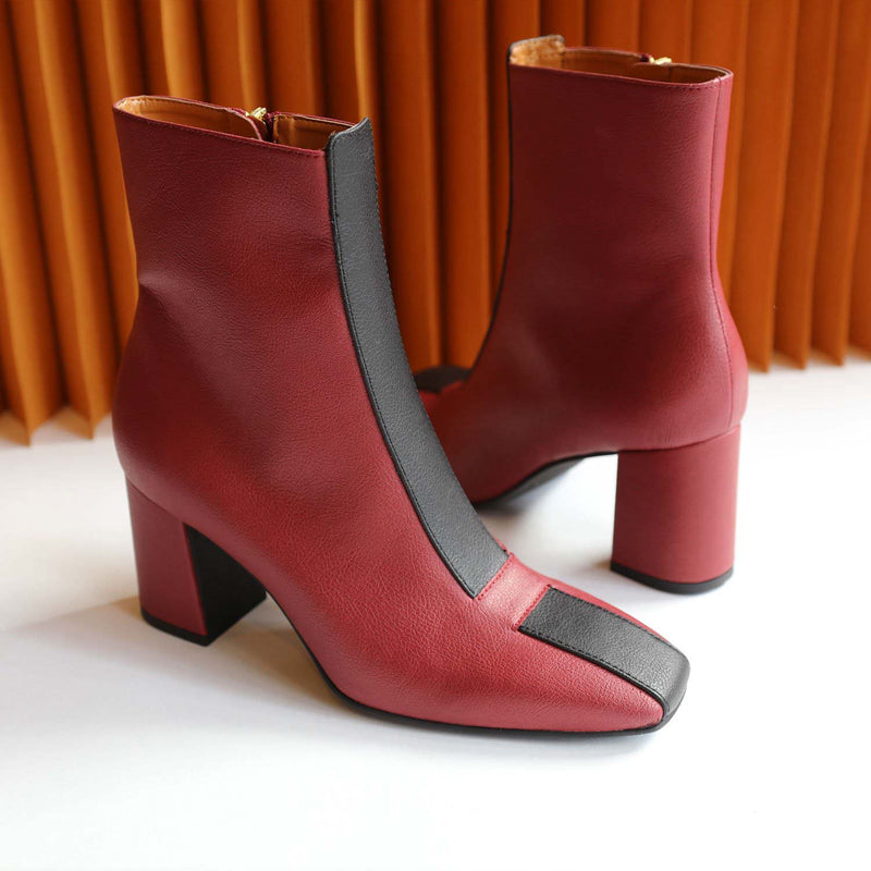 Sylven Jayne Scarlet/Black vegan apple leather boots - honeycomb position
